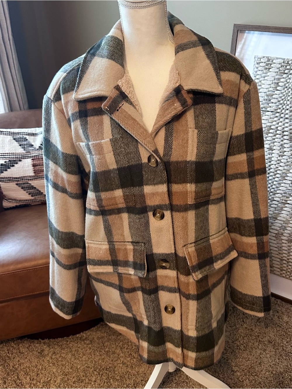 American Eagle Outfitters Plaid Pea Coat in Beige, Brown & Gray